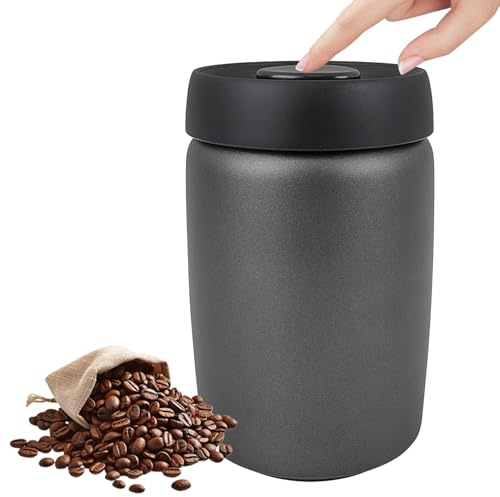 Radianeroryi Vakuum-Kaffeedose Edelstahl, 1,2 L, Pumpdeckel, Schwarz | 1,2-L-Vakuumdose aus 304-Edelstahl mit One-Touch-Pumpdeckel; für bis zu 400 g Bohnen oder 450 g Kaffeepulver, Schwarz.