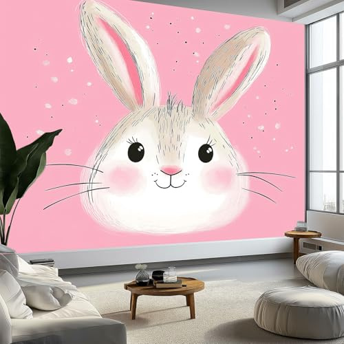 Wallpaper Carta Da Parati Murale Effetto 3D Cartone Animato Simpatico Motivo A Coniglio Fotomurali Sfondo Murale 300x210 cm Moderne Decorazione Soggiorno Camera De Letto Sala Ufficio, Rosa