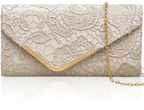 Larcenciel Lace Floral Women's Clutches, Nude Clutch Bags for Women Wedding w/Chain, Apricot Satin Evening Bag, Envelope Crossbody Shoulder Bags Purses Wallet for Women Bridal Prom Party Wedding