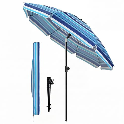 vounot® Parasol de Jardin 200cm Inclinable Hauteur Réglable avec Ancrage au Sol Parasol de Plage Protection UV 50+ avec Sac de Transport pour Plage Terrasse Balcon Camping Rayures Bleu Mixte