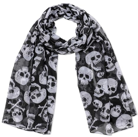 Wasise Skull Scarf for Women - Halloween Scarf, 180x85cm Black and White Halloween Scarfs, Soft Polyester Goth Fashion Wrap, Gothic Accessories Shawl Wrap, Goth Gifts, Perfect Skull Gifts for Women