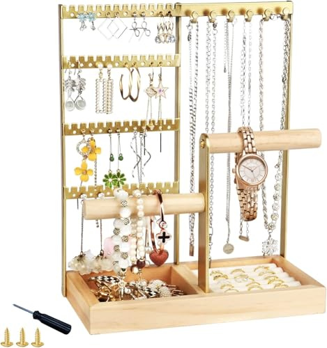 Rilime Schmuckständer, Schmuckhalter für Ohrring Ohrstecker Ketten Schmuck Organizer Jewelry Ständer mit 6 Haken, 48 Löcher Ohrringhalter Schmuckaufbewahrung für Halsketten Armbänder Ringe -Gold