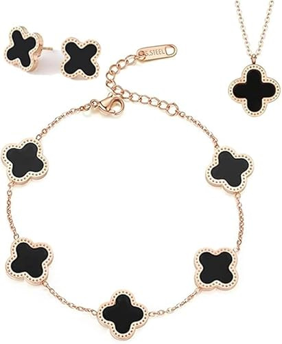 18K Goldplattiertes Vierblättriges Kleeblatt Schmuck Set, Edelstahl Zweiseitig Vierblättriges Schmuck, Halskette Ohrringe Armband Valentinstag Muttertag Weihnachten Geschenk für Damen und Mädchen