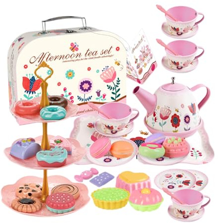Tea Set Toys, Princess Tea Party Time, Flower Series Food Dessert Tray Teapot Carry Case, For Boys Girls Pretend Role Play Age 3
