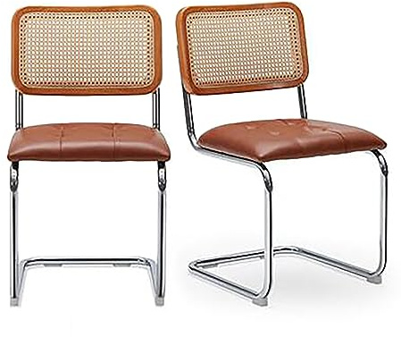 Armlösa rottingstolar för kök och mat, set om 2, modern PU-läderklädd sidostol med nätrygg, metallben, höjd 46 cm, brun