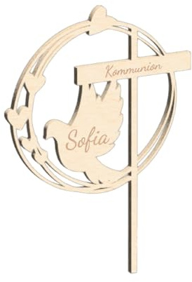 Cake Topper zur Taufe & Kommunion Konfirmation - Tortenstecker Kreuz mit Taube aus Holz personalisiert – mit Wunschname graviert – Kuchenstecker Firmung – christliche Tortendekoration