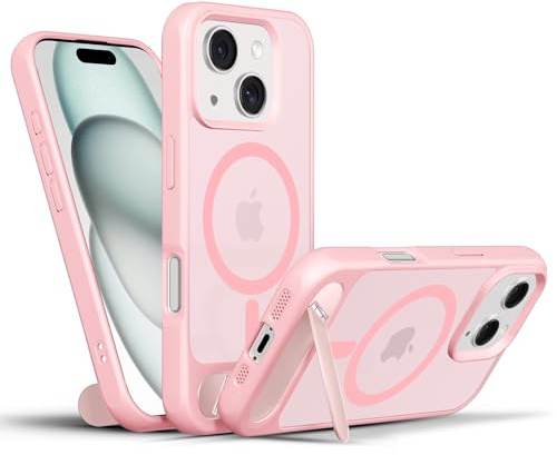 Olgary Cover Magnetica per iPhone 15 con Cavalletto [Supporto integrato] Custodia Traslucida Sottile Opaca Protezione Antiurto di Livello Militare Case per iPhone 15 6,1, Rosa