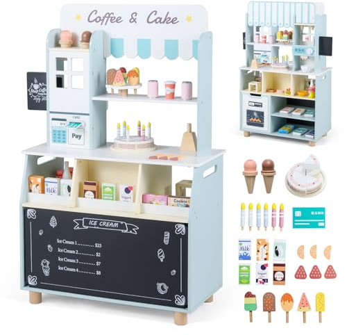 COSTWAY Kids Ice Cream Shop, Wooden Grocery Store Playset with 27 Accessories, Ice Cream Machine, Coffee Machine, Credit Card Machine & Oven, Role Play Dessert Shop Stand for Ages 3+ (Blue)