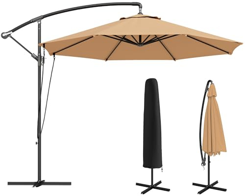 Outsunny Ombrellone Decentrato Ø3 m con Corde Antivento, Prese d'Aria, Base a Croce e Manovella, Ombrellone da Giardino Inclinabile e Girevole in Metallo e Poliestere 180 g/㎡, UV 50+, Cachi