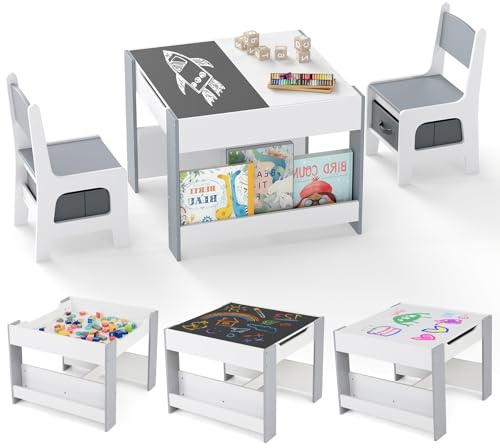 DREAMADE Kindertisch mit 2 Stühle, Kinder Tisch Stuhl Set (Grau)