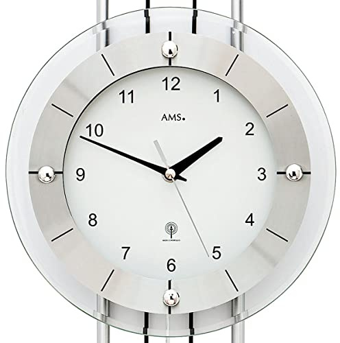 CV AMS 5248 Wanduhr Funk Funkwanduhr mit Pendel silbern modern Pendeluhr mit Glas
