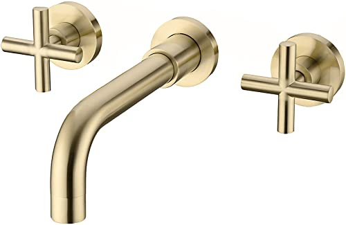 TRUSTMI Wall Mount Brushed Gold Bathroom Faucet, 2 Cross Handle Concealed Vessel Sink Faucet with Brass Rough-in Valve, 8.18 Swivel Spout, Floating Installation Height