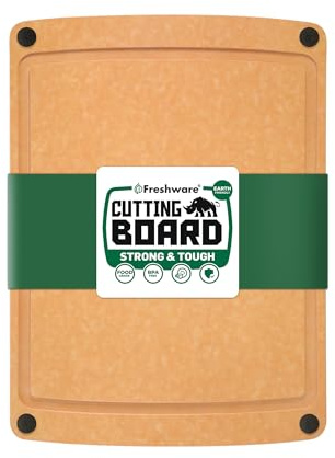 Freshware Wood Cutting Board for Kitchen, Juice Groove, Non-Slip Silicone Feet, Dishwasher Safe, Medium, 12 x 9, Natural