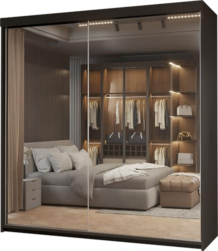 MN Furniture 200cm Black Modern Mirror Sliding Wardrobe with 6 Shelves, 3 Drawers & 2 Rails for Bedroom (Black, 200cm)