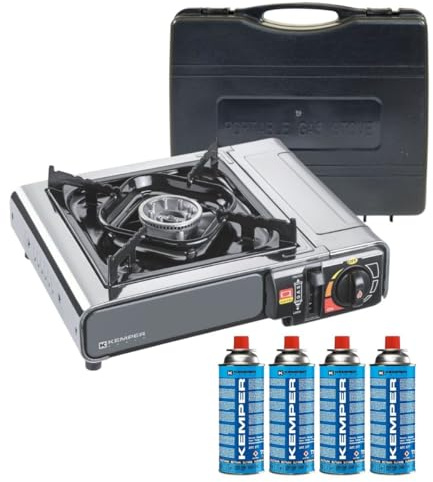 Kemper - Réchaud à gaz portable 2200W INOX + 4 cartouches de gaz + Malette de transport Cuisson Extérieure Camping Van Trek