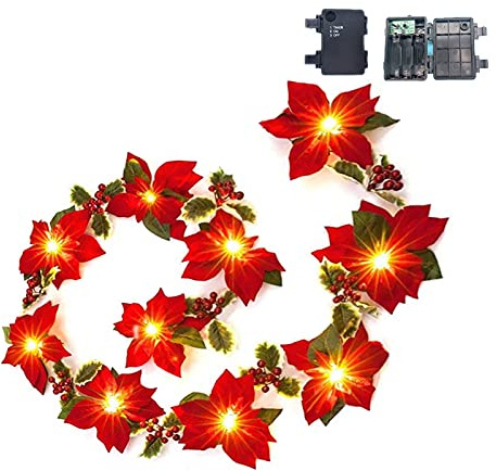 YQYAZL Guirnalda de flores de Pascua iluminadas de 2 m, 10 luces LED de terciopelo de Navidad, adornos artificiales con bayas, funciona con pilas, decoración de fiesta/A5