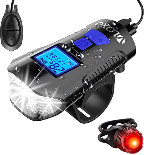 VLOXO Bike Speedometer with LED Bike Light, USB Rechargeable Bicycle Computer with Loud Bike Bell (Blue)