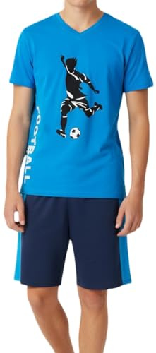 Pyjama court pour garçon, en 100% coton doux et avec un pantalon en forme de bermuda, avec motif de football, de couleur bleu, 152