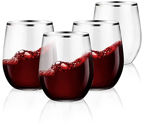 SUT Paquete de 32 copas de vino de plástico con borde plateado de 12 onzas, sin tallo, tazas de vino desechables con, reutilizables, irrompibles, cristales, inastillables y sin BPA