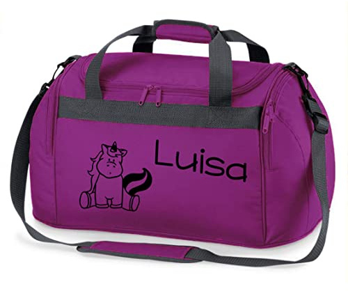 Sporttasche mit Namen für Mädchen | Motiv Einhorn für Kinder | Personalisieren & Bedrucken | Reisetasche Umhängetasche Duffle Bag (lila)