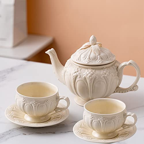 Service À Thé en Porcelaine 5 Pièces en Relief Floral, Tasse À Café Service avec 1 Théière en Porcelaine, 2 Tasses À Thé Et 2 Soucoupes, pour Le Goûter, Le Mariage, La Fête,White
