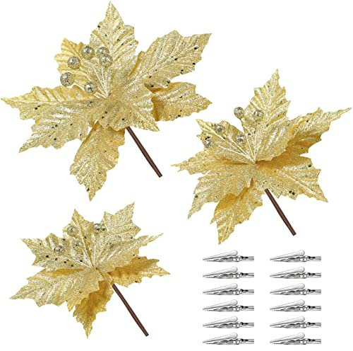 Toyvian 12 Stück Weihnachtsstern- Blumen, künstliche Weihnachtsstern- Blumen in 3 Größen glitzernder Gold- Weihnachtsbaumschmuck mit Clips für Weihnachtskranz- Party- Dekorationen