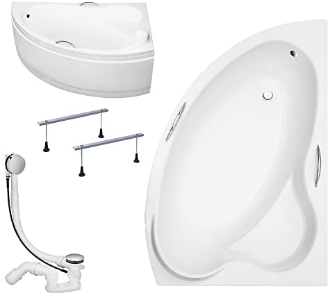 KOLMAN Badewanne ADA Eckbadewanne 140x90 Rechts mit AcrylSchürze, Ablaufgarnitur und Füßen Komplettset 4in1 Premium Original Acryl Wanne Siphon