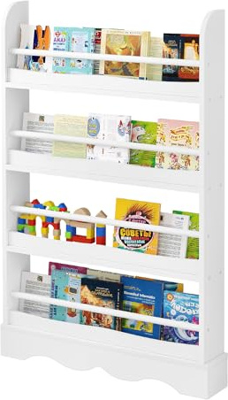 Lestarain Bücherregal Kinder, Kinderregal mit 4 Ebenen, Aufbewahrungsregal für Bücher, Regal für Kinderzimmer Kindergarten, mit Kippsicherung, aus MDF Holz, 80x12x118cm, Weiß