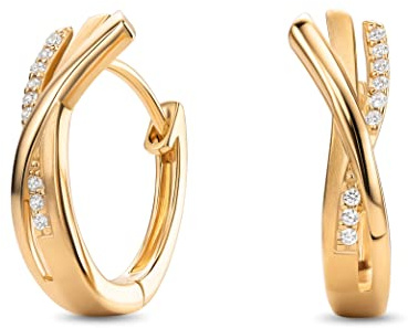 Miore Orecchini Cerchio Donna con Zirconi Brillanti in Argento 925 Placcato Oro Giallo 18K 750, Orecchino Cerchi a lobo anallergici con Zirconi. Chiusura con perno passante e scatto.
