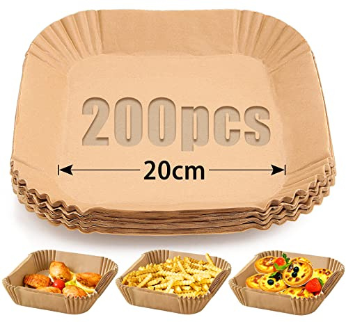 Mbsomnus 200 Stück Air Fryer Paper 20cm Backpapier für Heißluftfritteuse Quadrat Airfryer Backpapier Wasserdicht Ölfest Antihaft für Ofen Mikrowelle Bratpfanne