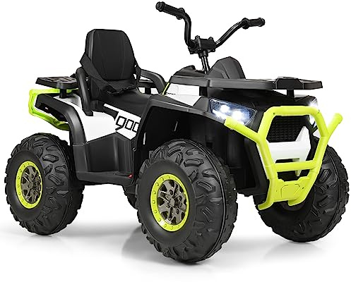 COSTWAY 12V Kids Electric Ride on Car, Toddlers Quad Bike ATV with Safety Belt, LED Light, Music, Horn, USB/ MP3/TF, 4 Wheels Vehicle Toy Car for Boys Girls (White+Yellow)