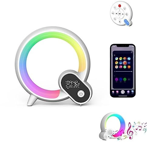 Bammare LED Nachttischlampe Lichtwecker, Wake Up Light Smart Wecker Simuliert, APP Steuerung Sonnenaufgang Bluetooth Lautsprecher, 16 Mio. Nachtlicht 256 Lichtmuster, Weiß