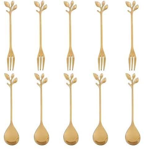10Pcs Gold Leaves Tea Fork and Stainless Steel Leaf Dessert Spoons Stirring Mixing Gold Coffee Leaves Spoons for Coffee Dessert Afternoon Tea