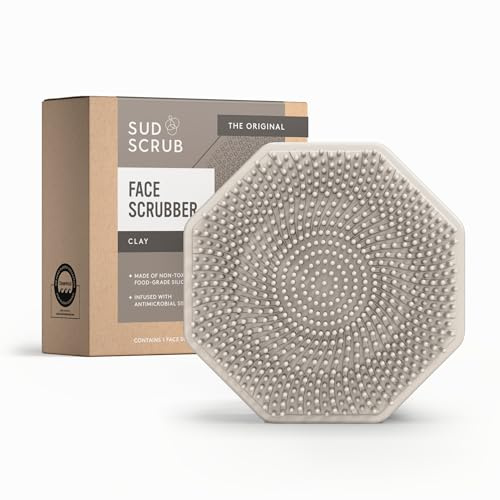 Sud Scrub® Antimicrobial Silicone Face Scrubber, 1 Pack, Gentle Face Exfoliator for Sensitive Skin, Eco Friendly Facial Cleansing Brush, Exfoliating Face Brush for Men and Women (Clay)