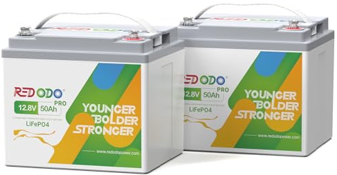 Redodo 12V 50Ah Pro(2 Pack) Batería LiFePO4 640Wh Batería Litio con BMS 50A Carga Rápida 10 Años de Vida Util para Motor de Pesca/Caravanas/Sistemas Solares y Outdoor