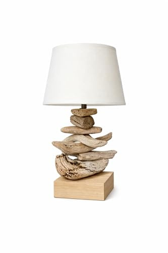 Wellenbrecher Treibholzlampe Handgefertigte Tischleuchte aus Treibholz mit Lampenschirm Weiß, Tischlampe Nachhaltig, E14 Fassung, Eschenholz Fuß, 35 cm Höhe