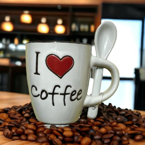 generico TAZZINA CAFFE’, DA CAFFE’ IN CERAMICA CON CUCCHIAINO INTEGRATO, CON SCRITTA “I LOVE COFFEE”, ALTEZZA 6.5CM, CAPIENZA 65 ML. (Bianco_beige)