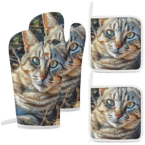 Ofenhandschuhe und Topflappen, hitzebeständig, Küchenhandschuhe mit Topflappen, Katze, die auf dem Gras liegt, Mikrowellenhandschuhe, rutschfest, für Küche, Kochen, Grillen, 4 Stück
