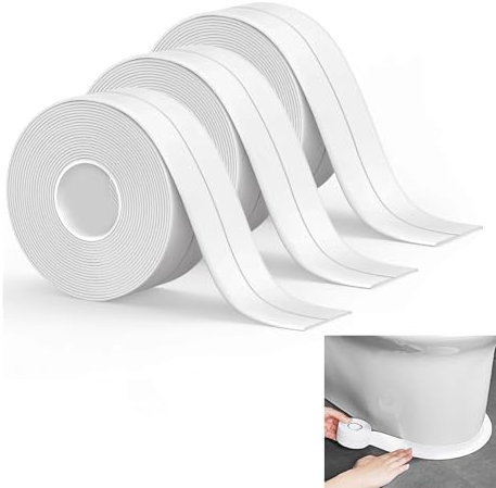 Bath Sealant Strip Self Adhesive, 3 Rolls Caulk Strip Sealant Tape, Bathroom Sealant White Waterproof, Sealant Tape for Toilet, Bathtub, Shower, Wall Corner, Kitchen