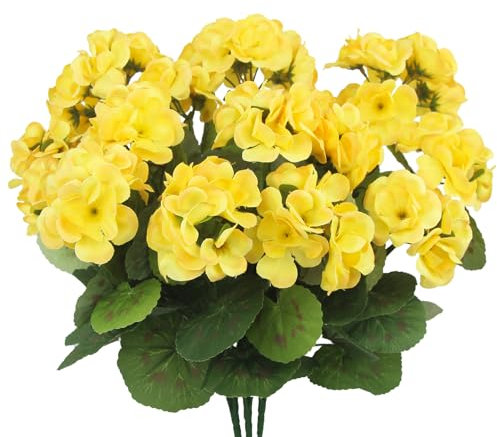 CITYES 3 Pcs Artificial Geraniums Flowers Silk Geraniums for Outdoor UV Resistant Yellow Artificial Geranium Bush Faux Flowers Plant Geraniums for Garden Home Decor Indoor Patio Vase Table Centerpiece