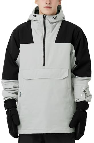 Actleis Mens Snowboard Jacket Waterproof Skiing Pullover Coat Hooded Insulated Jacket Warm Winter Snow Coat Outdoor Sports Large Light Grey