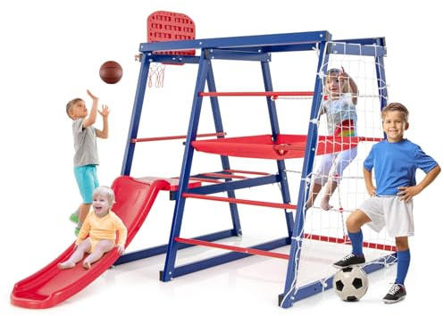 COSTWAY Klettergerüst Outdoor, 7 in 1 Spielplatz mit Rutsche, Kletterleiter, Strickleiter, Fußballnetz, Basketballkorb, Stoffplattform & Kunststoffplattform, für 3-4 Kinder, 150 x 142 x146cm