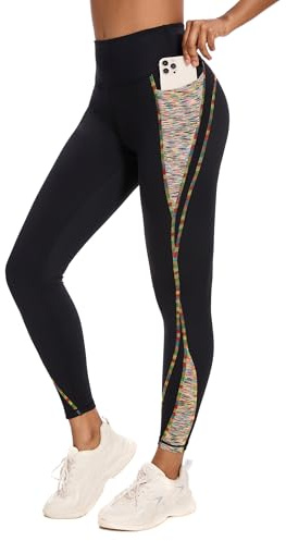 Rexspek Legging de sport pour femme avec poche - Pantalon de sport taille haute - Pantalon de course long pour femme, Noir/fil coloré, M