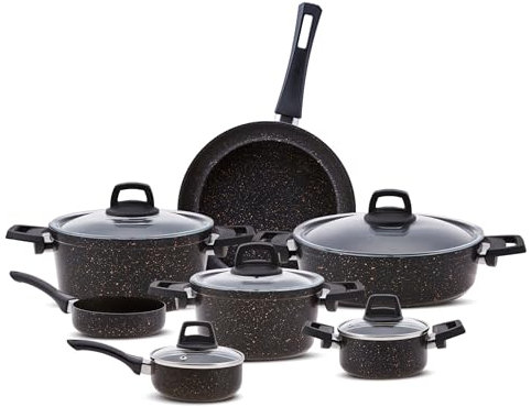 Karaca Biogranit Blackgold 12-teiliges Kochgeschirr-Set | Antihaftbeschichtung | Kratzfest | Gesund & Umweltfreundlich | Energieeffizient | Elegantes Design | Leicht zu Reinigen