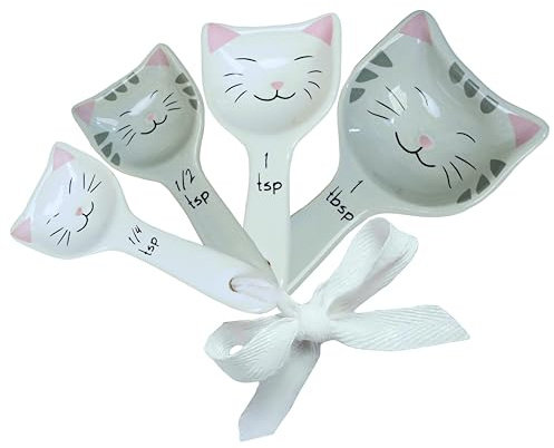 Cat Measuring Spoons - Cute Measuring Spoons Set w/Ribbon- Cat Kitchen Accessories for Cat Baking Supplies - Ceramic Measuring Spoons Set - Cat Themed Kitchen Items- Baking Gifts for Women (Set of 5) | Decorative Themed Gifts for Cat Lovers, Cute Kitchen Accessories for Cat Mom Gifts, Functional Baking Utensils and Cat Merch