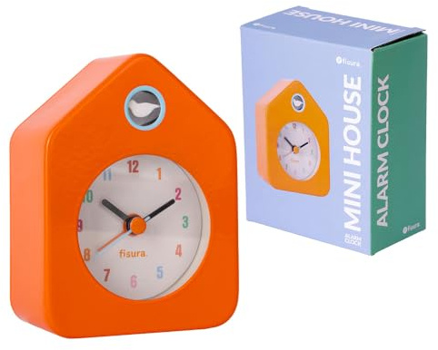 Fisura – Mini-Haus-Wecker Orange. Analoger Wecker ohne Tick-Tack. Kleine originelle Alarmuhr. 9,7 Zentimeter x 7,3 Zentimeter x 4,5 Zentimeter. 1 AA-Batterie