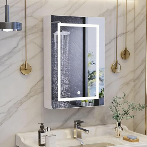 LKPOMI Badezimmer spiegelschrank mit Beleuchtung, 3 Lichtfarbe Einstellbar, LED Spiegelschrank Bad, Badschrank hängend mit Spiegel, Berührung Sensorschalter (Weiß, 50x70cm)