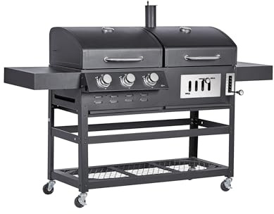 BBQ Kingdom Dual Fuel Gas and Charcoal Barbecue Grill, Large BBQ with 3 Burners, Mobile Cart with Wheels, Side Tables, Storage Shelf, Warming Racks, Adjustable Height, Chimney, Black, Cover & Hose