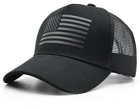 WALNOVA Trucker-Kappe mit amerikanischer Flagge, verstellbares Netzgewebe, Snapback-Baseballkappe für Männer und Frauen, schwarz / schwarz, Einheitsgröße