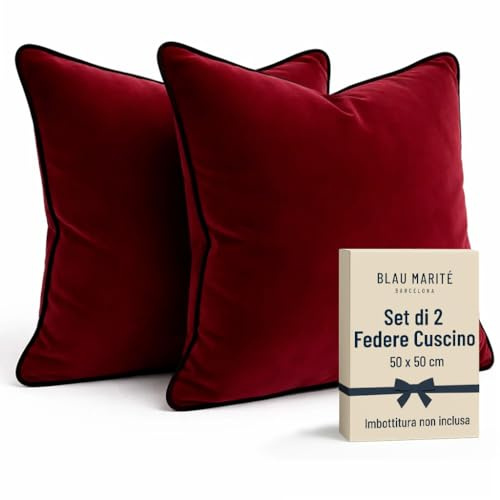 Blau Marité Set di 2 fodere copricuscino quadrate in velluto morbido con bordo a contrasto, per divano, letto, soggiorno e camera, Bordeaux, 50x50 cm